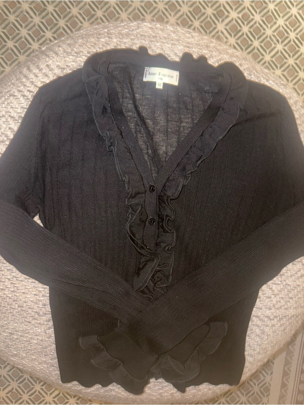Anne Fontaine Black Ruffle-Trim Sheer V-Neck Blouse Size EU 42